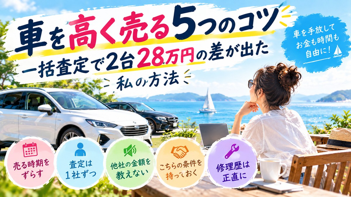 海辺のテラスで海を眺める女性と2台の車。車を高く売る5つのコツ、一括査定で2台28万円の差が出た方法