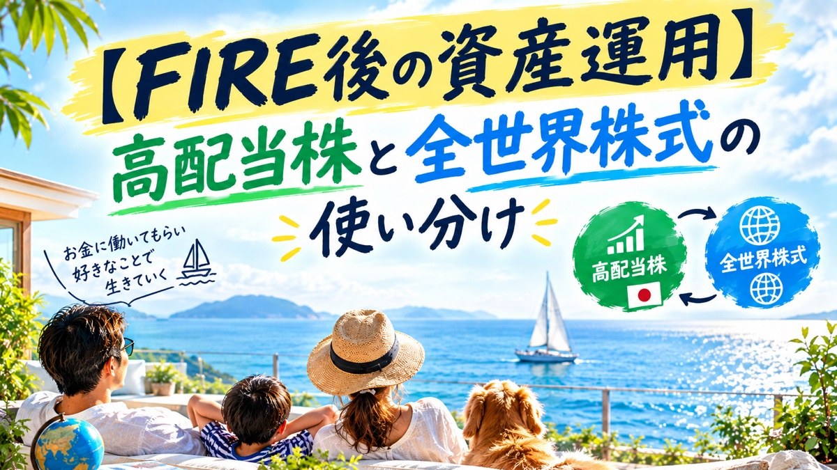 海を望むテラスでくつろぐ家族と犬。FIRE後の資産運用、高配当株と全世界株式の使い分け
