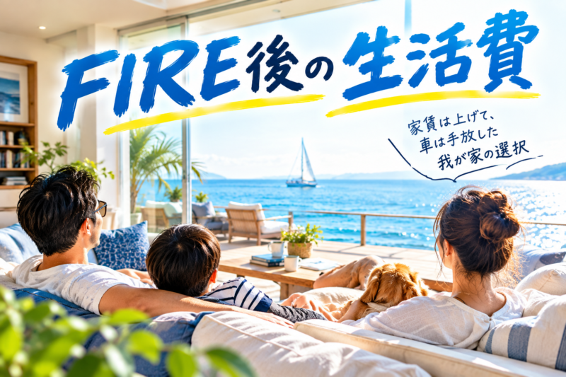 海の見える部屋のソファでくつろぐ家族と犬。窓の外にはヨット。FIRE後の生活費、家賃は上げて車は手放した我が家の選択